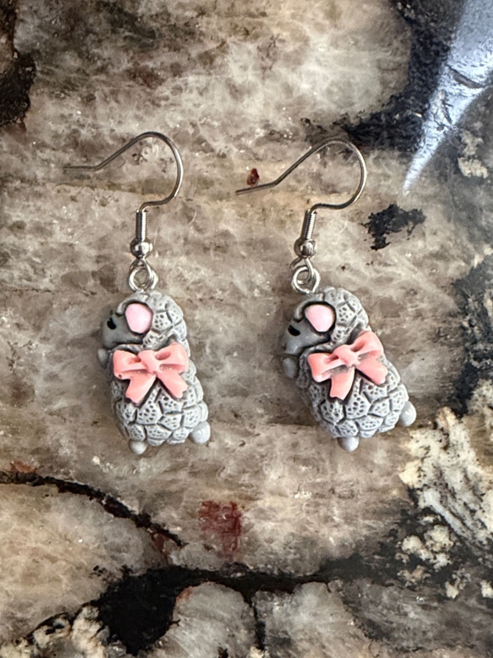 Gray Lamb Drop Earrings with Pink Bow